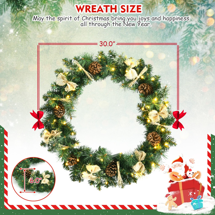 30 Inch Pre-lit Christmas Wreath with Mixed DecorationsCostway Gallery View 4 of 11