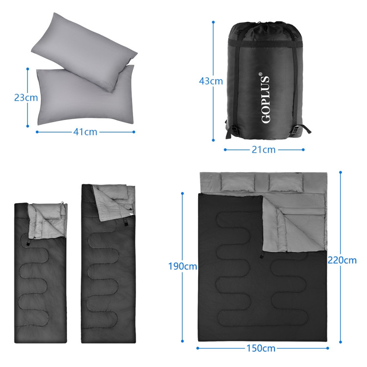 2 Person Waterproof Sleeping Bag with 2 Pillows-BlackCostway Gallery View 14 of 17