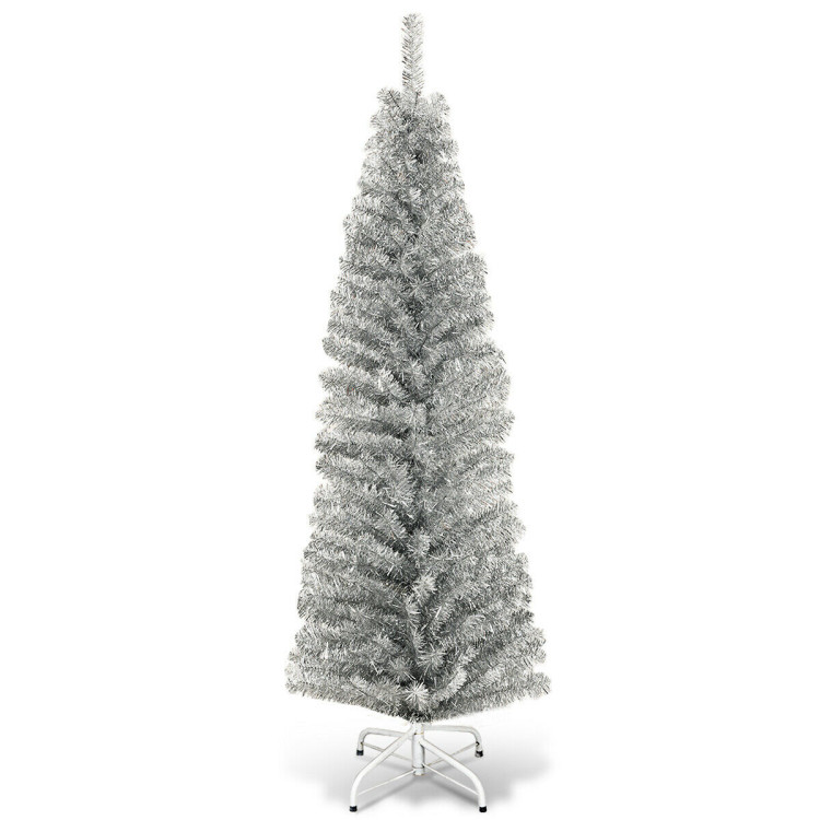 6 Feet Tinsel Tree Unlit Slim Pencil Christmas Tree-SilverCostway Gallery View 1 of 9