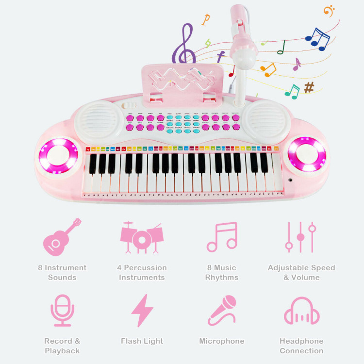 Multifunctional 37 Electric Keyboard Piano with Microphone-PinkCostway Gallery View 7 of 9