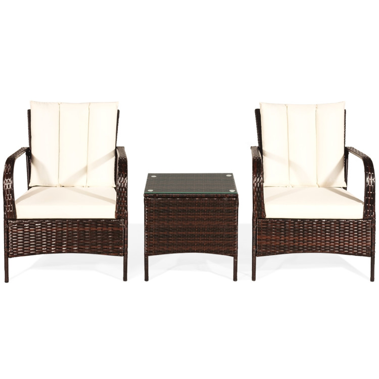 3 Pcs Patio Conversation Rattan Furniture Set with Glass Top Coffee Table and Cushions-WhiteCostway Gallery View 7 of 12