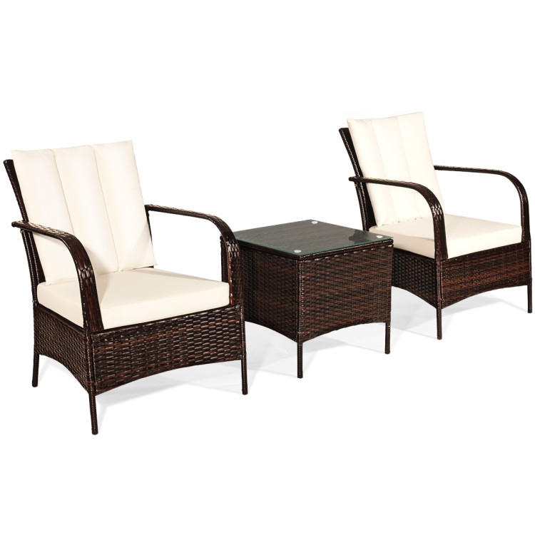 3 Pcs Patio Conversation Rattan Furniture Set with Glass Top Coffee Table and Cushions-WhiteCostway Gallery View 1 of 12