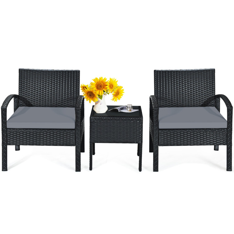 3 Pieces Outdoor Rattan Patio Conversation Set with Seat Cushions-GrayCostway Gallery View 8 of 12