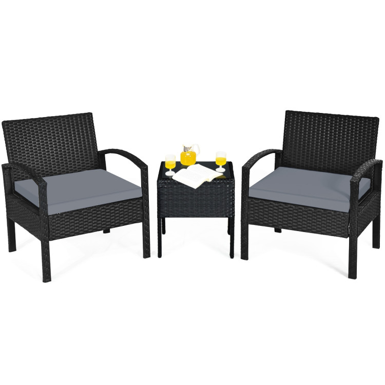 3 Pieces Outdoor Rattan Patio Conversation Set with Seat Cushions-GrayCostway Gallery View 10 of 12