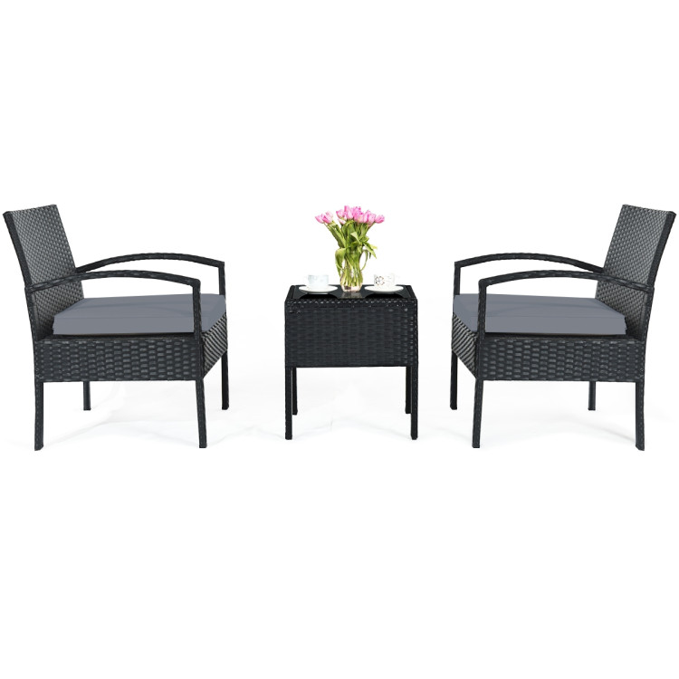 3 Pieces Outdoor Rattan Patio Conversation Set with Seat Cushions-GrayCostway Gallery View 9 of 12