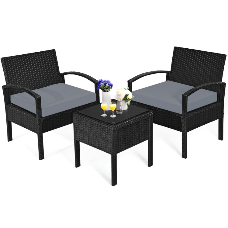 3 Pieces Outdoor Rattan Patio Conversation Set with Seat Cushions-GrayCostway Gallery View 3 of 12