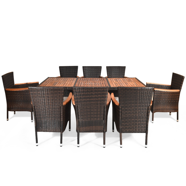 9 Pieces Patio Rattan Dining Set with Stackable Chairs Cushioned and Acacia Wood Table TopCostway Gallery View 10 of 11