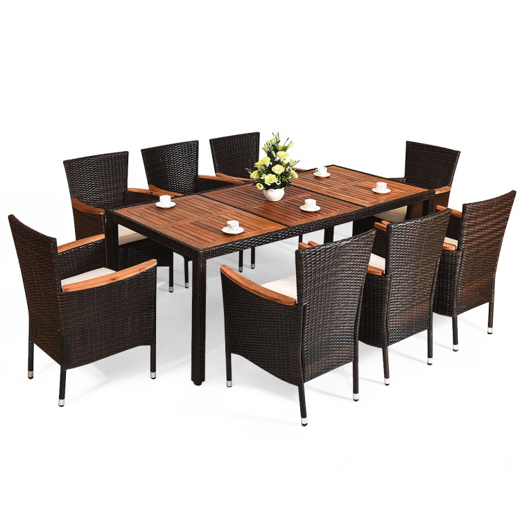 9 Pieces Patio Rattan Dining Set with Stackable Chairs Cushioned and Acacia Wood Table TopCostway Gallery View 9 of 11