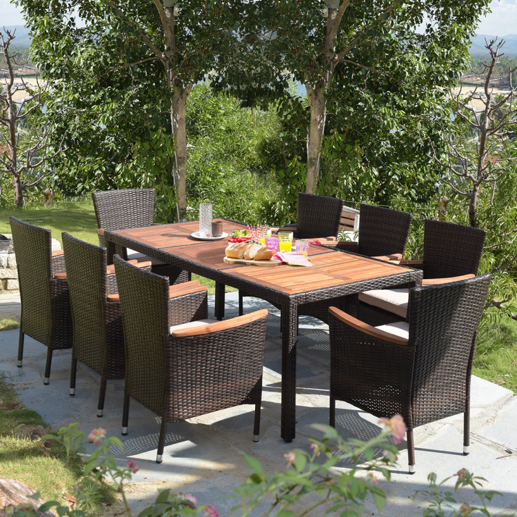 9 Pieces Patio Rattan Dining Set with Stackable Chairs Cushioned and Acacia Wood Table TopCostway Gallery View 8 of 11