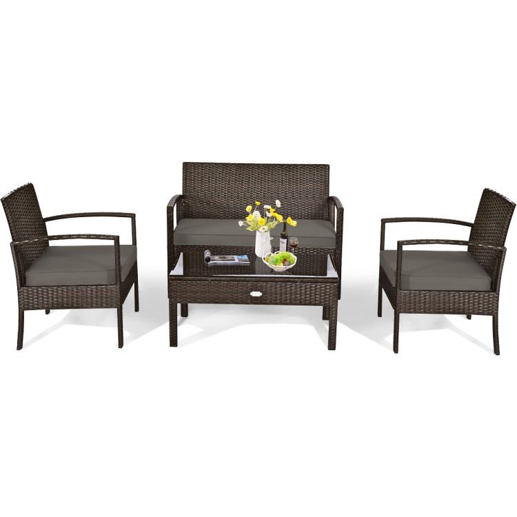 4 Pieces Patio Rattan Cushioned Furniture Set with Loveseat and Table -BrownCostway Gallery View 10 of 13