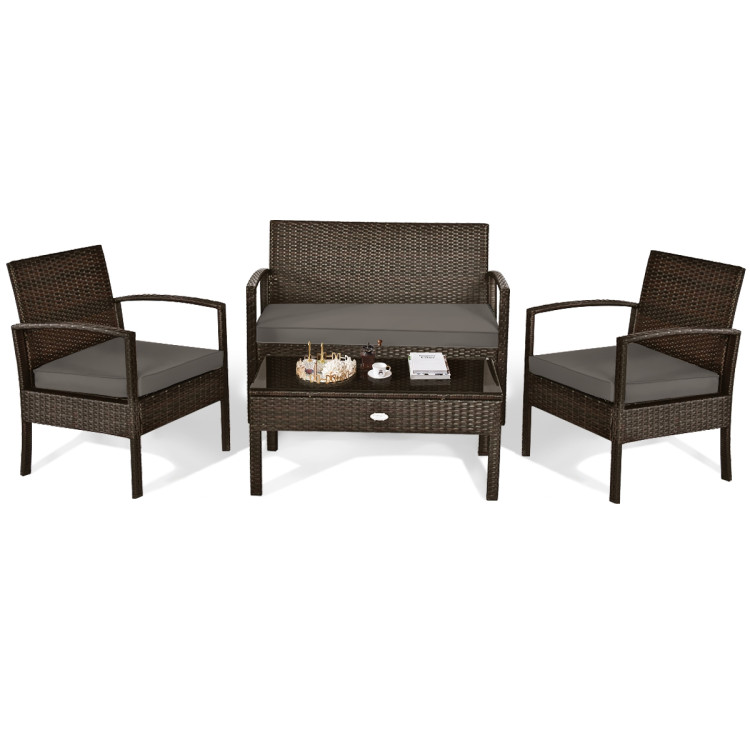 4 Pieces Patio Rattan Cushioned Furniture Set with Loveseat and Table -BrownCostway Gallery View 3 of 13