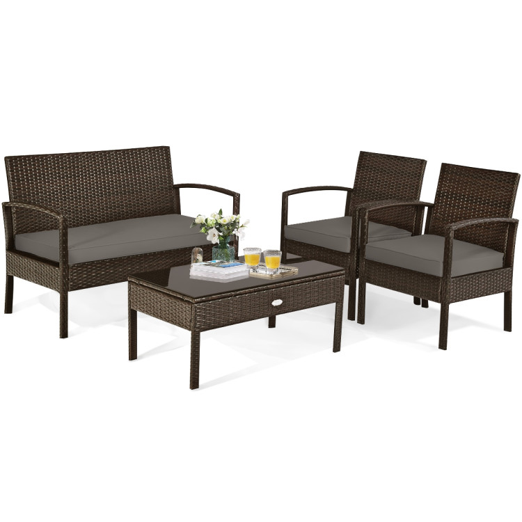 4 Pieces Patio Rattan Cushioned Furniture Set with Loveseat and Table -BrownCostway Gallery View 8 of 13