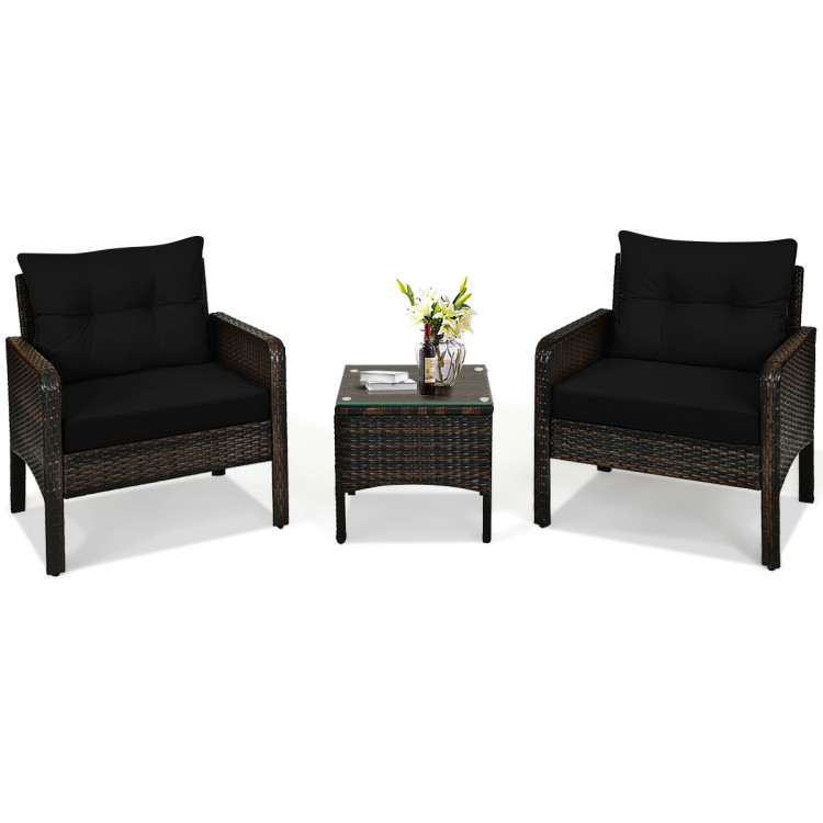 3 Pcs Outdoor Patio Rattan Conversation Set with Seat Cushions-BlackCostway Gallery View 3 of 13