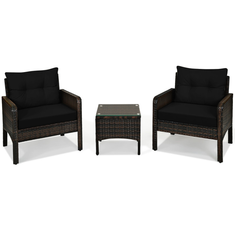 3 Pcs Outdoor Patio Rattan Conversation Set with Seat Cushions-BlackCostway Gallery View 8 of 13