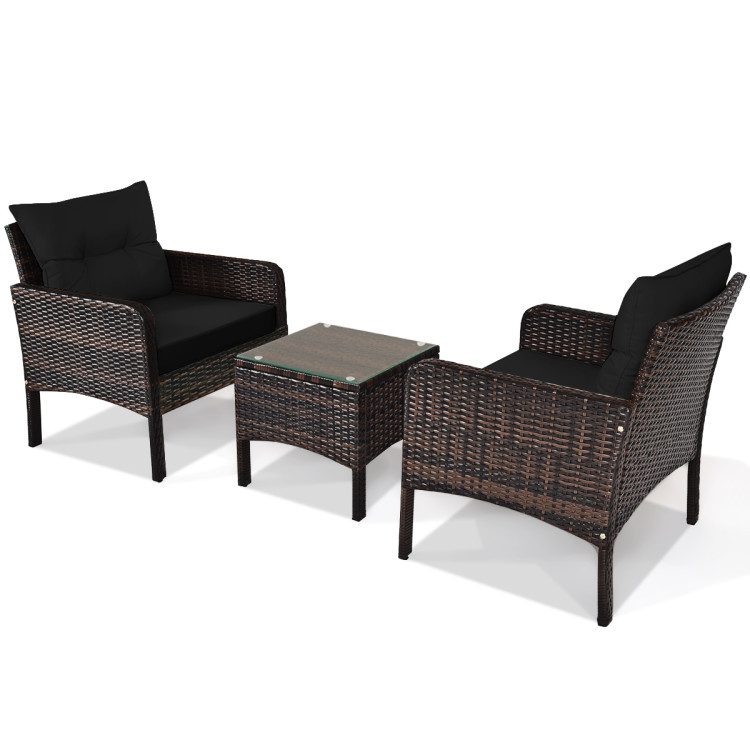3 Pcs Outdoor Patio Rattan Conversation Set with Seat Cushions-BlackCostway Gallery View 11 of 13