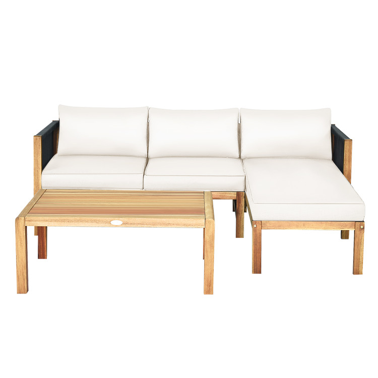 3 Pieces Patio Acacia Wood Sofa Furniture Set with Nylon Rope Armrest-WhiteCostway Gallery View 3 of 10