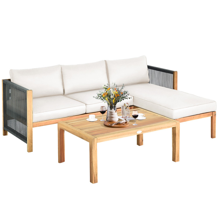 3 Pieces Patio Acacia Wood Sofa Furniture Set with Nylon Rope Armrest-WhiteCostway Gallery View 7 of 10