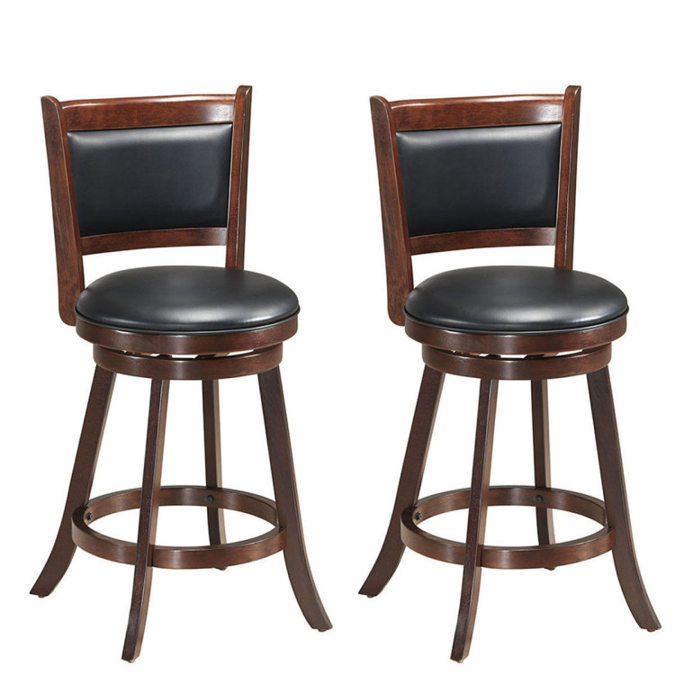 Set of 2 24" Accent Wooden Swivel Bar Stools with High Back and Upholstered Seat-24"Costway Gallery View 3 of 6