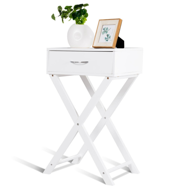 Design Sofa Side Table with X-Shape Drawer for Living Room Bedroom-WhiteCostway Gallery View 9 of 11