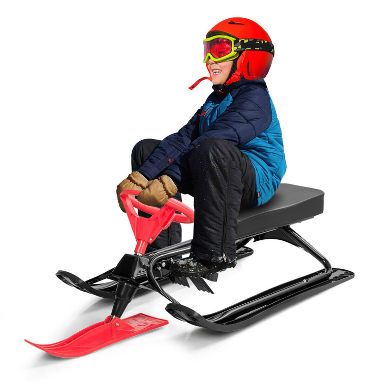 Kids Snow Sand Grass Sled w/ Steering Wheel and Brakes-RedCostway Gallery View 7 of 11