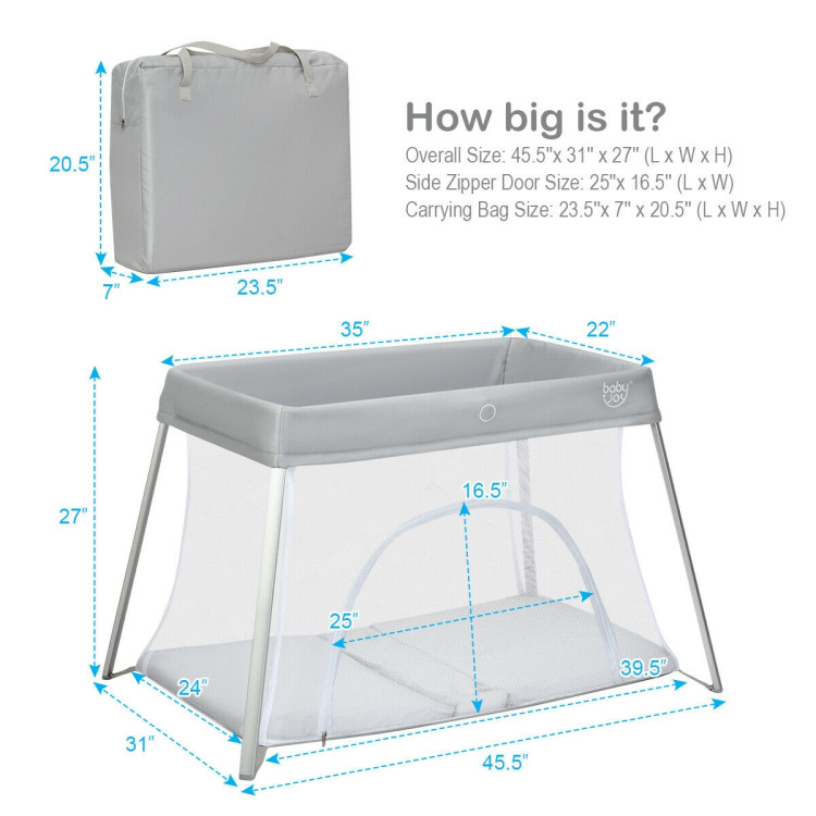Lightweight Foldable Baby Playpen w/ Carry Bag-Light GrayCostway Gallery View 5 of 11