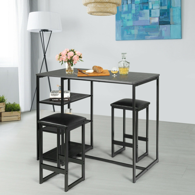 3 pcs Dining Set with Faux Marble Top Table and 2 Stools-BlackCostway Gallery View 7 of 12