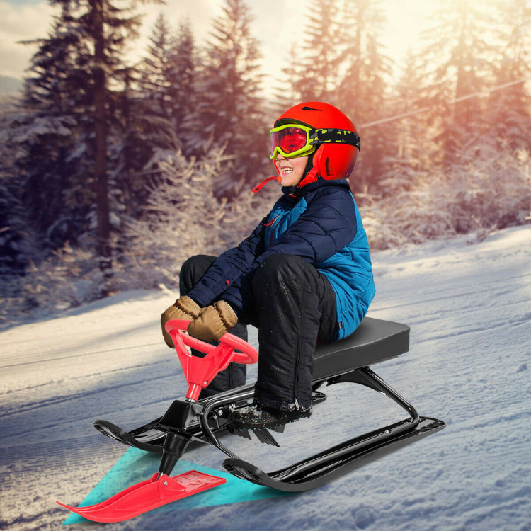 Kids Snow Sand Grass Sled w/ Steering Wheel and Brakes-RedCostway Gallery View 2 of 11