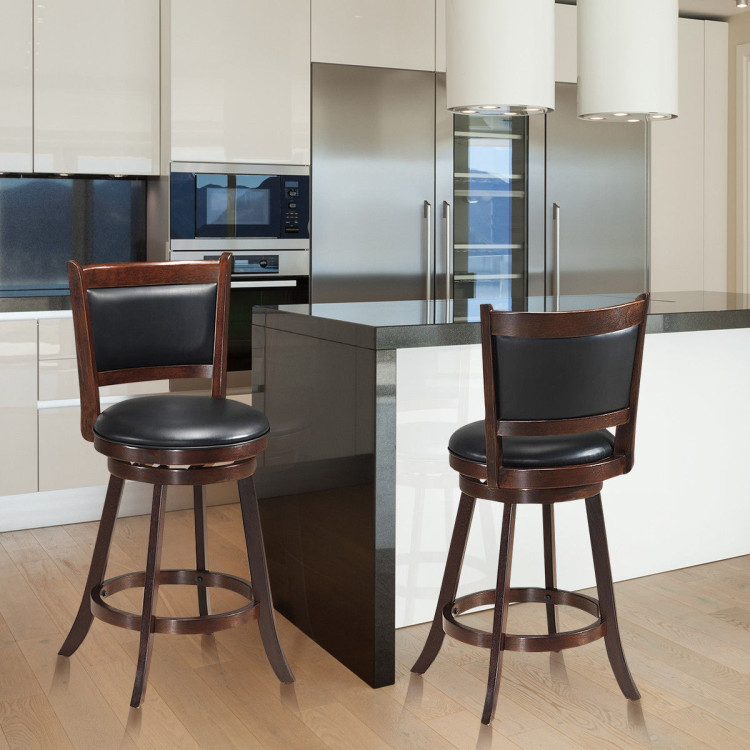 Set of 2 24" Accent Wooden Swivel Bar Stools with High Back and Upholstered Seat-24"Costway Gallery View 2 of 6