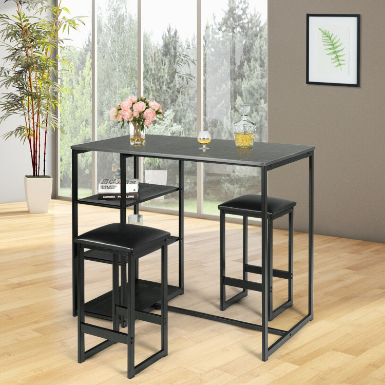 3 pcs Dining Set with Faux Marble Top Table and 2 Stools-BlackCostway Gallery View 2 of 12