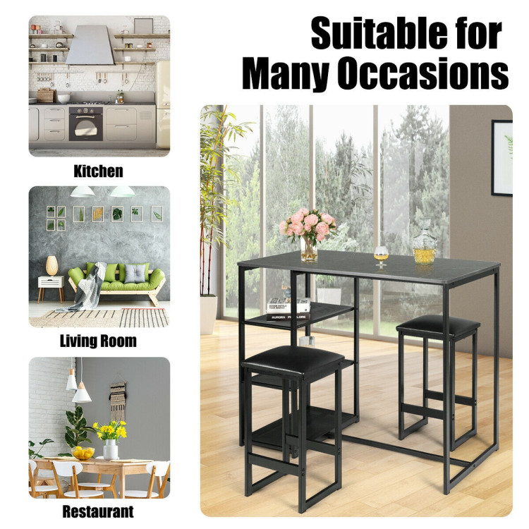 3 pcs Dining Set with Faux Marble Top Table and 2 Stools-BlackCostway Gallery View 6 of 12