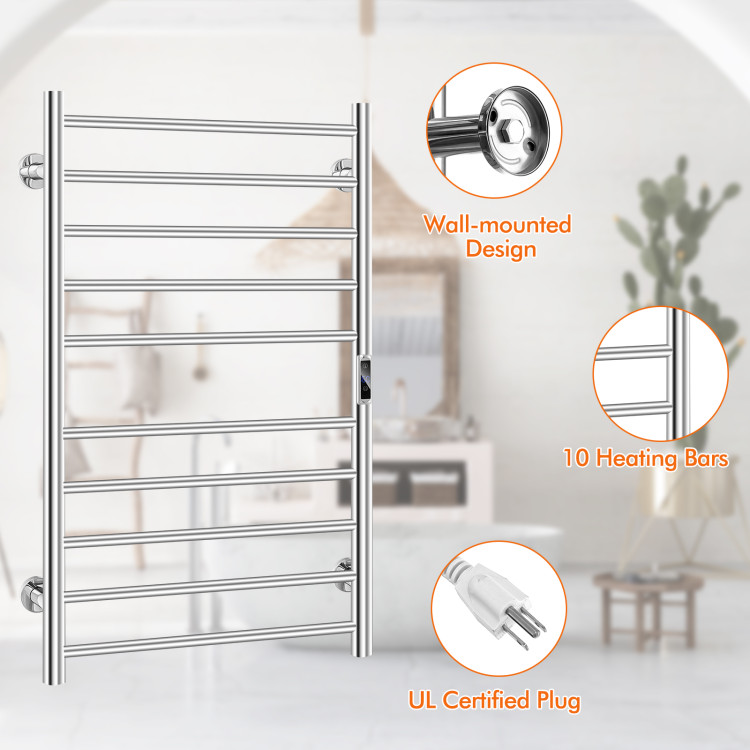 10-bar Heated Wall Mounted Towel Warmer with Timer-SilverCostway Gallery View 10 of 10