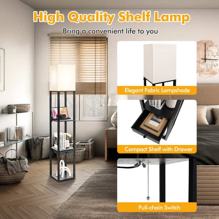 63 Inch Modern Shelf Floor Lamp with Power Outlet and USB Port-BlackCostway Gallery View 8 of 10