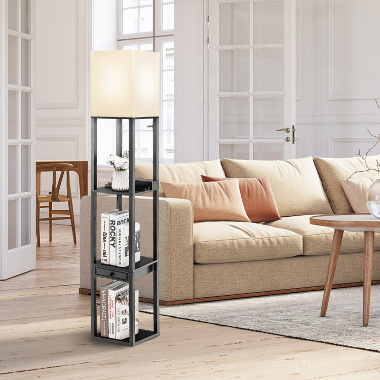 63 Inch Modern Shelf Floor Lamp with Power Outlet and USB Port-BlackCostway Gallery View 2 of 10