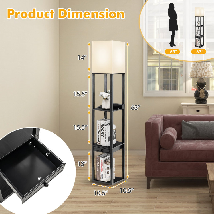 63 Inch Modern Shelf Floor Lamp with Power Outlet and USB Port-BlackCostway Gallery View 4 of 10
