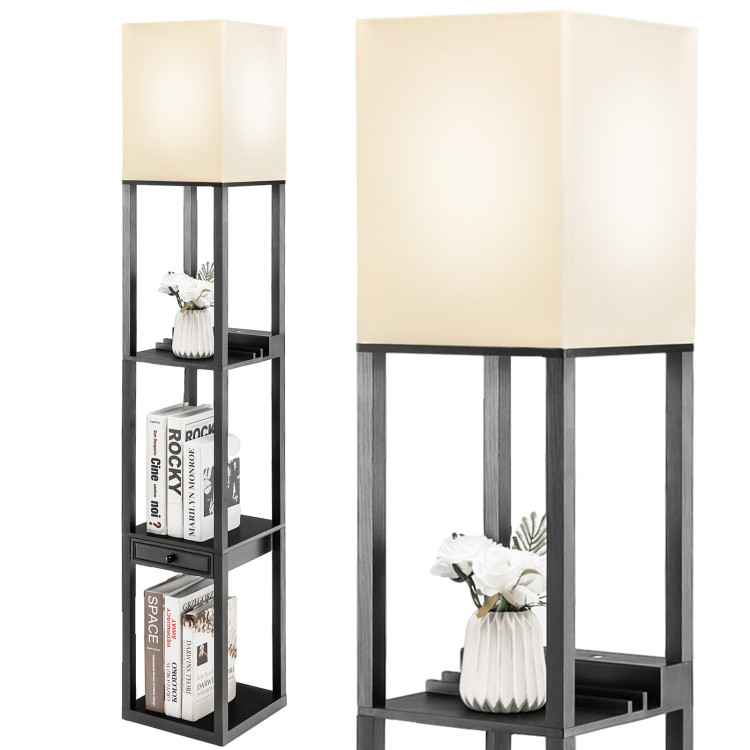 63 Inch Modern Shelf Floor Lamp with Power Outlet and USB Port-BlackCostway Gallery View 7 of 10