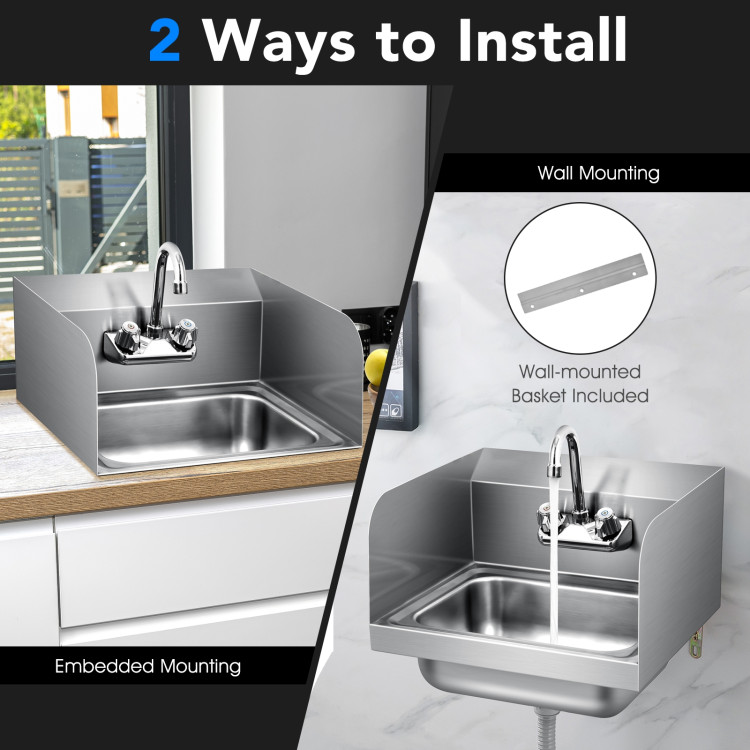 Stainless Steel Sink Wall Mount Hand Washing Sink with Faucet and Side SplashCostway Gallery View 5 of 11