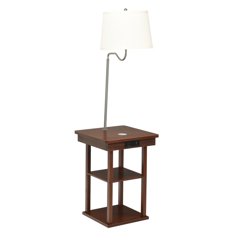Floor Lamp Bedside Desk with USB Charging Ports Shelves-BrownCostway Gallery View 1 of 8
