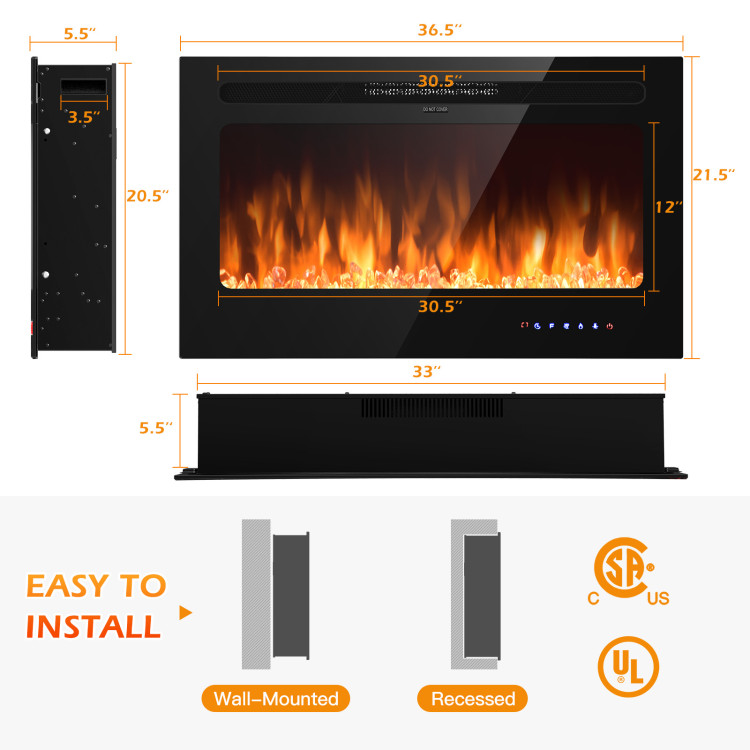 36 Inch Electric Wall Mounted Ultrathin Fireplace with Touch Screen and TimerCostway Gallery View 4 of 9