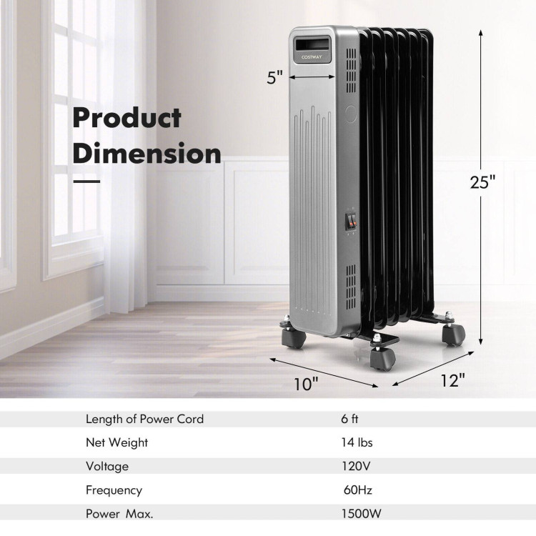 1500W Portable Oil-Filled Radiator Heater for Home and Office-BlackCostway Gallery View 4 of 10