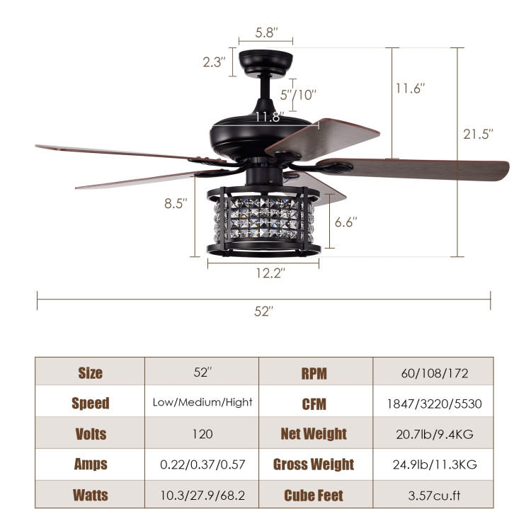 52 Inch 3-Speed Crystal Ceiling Fan Light with Remote Control-BlackCostway Gallery View 4 of 11