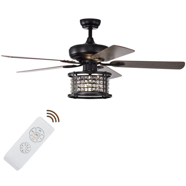 52 Inch 3-Speed Crystal Ceiling Fan Light with Remote Control-BlackCostway Gallery View 6 of 11