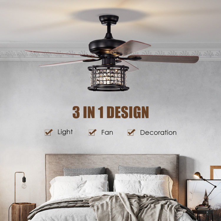 52 Inch 3-Speed Crystal Ceiling Fan Light with Remote Control-BlackCostway Gallery View 7 of 11