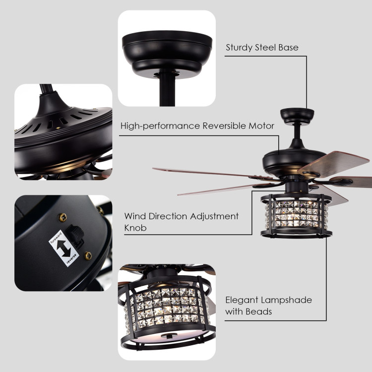 52 Inch 3-Speed Crystal Ceiling Fan Light with Remote Control-BlackCostway Gallery View 11 of 11