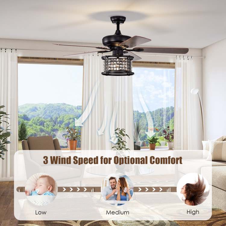 52 Inch 3-Speed Crystal Ceiling Fan Light with Remote Control-BlackCostway Gallery View 8 of 11