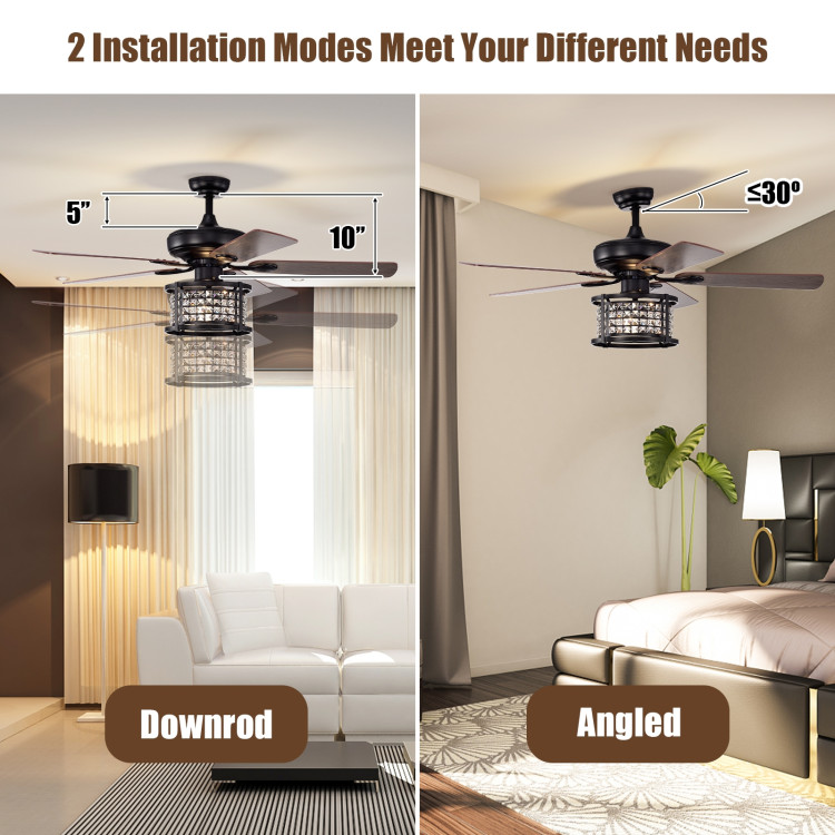 52 Inch 3-Speed Crystal Ceiling Fan Light with Remote Control-BlackCostway Gallery View 3 of 11