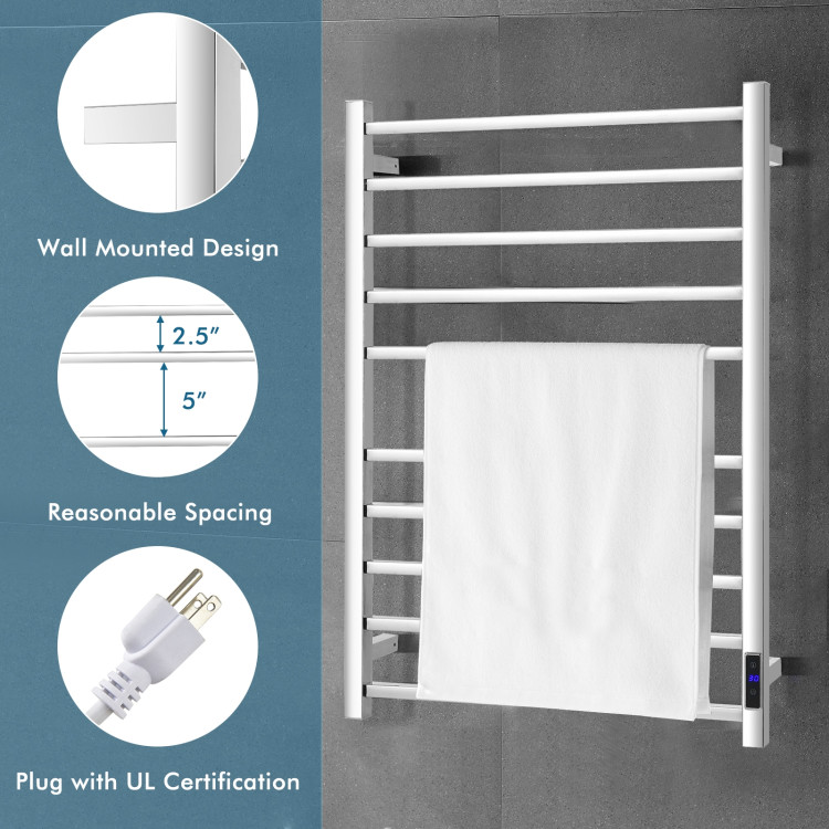 10 Bar Towel Warmer Wall Mounted Electric Heated Towel Rack with Built-in Timer-SilverCostway Gallery View 11 of 12