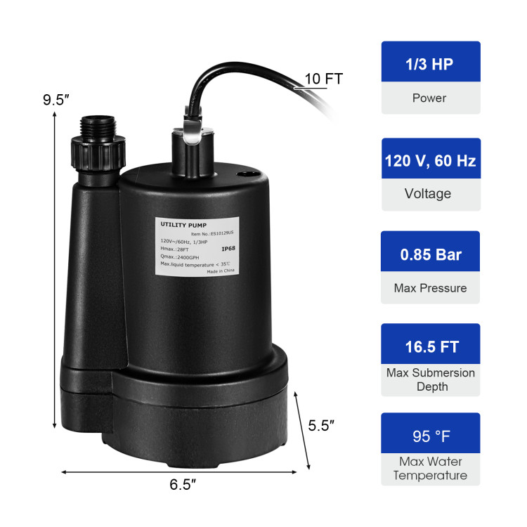 1/3HP 2400GPH Submersible Utility Pump Portable Electric Water Pump with 10 FT CordCostway Gallery View 4 of 11