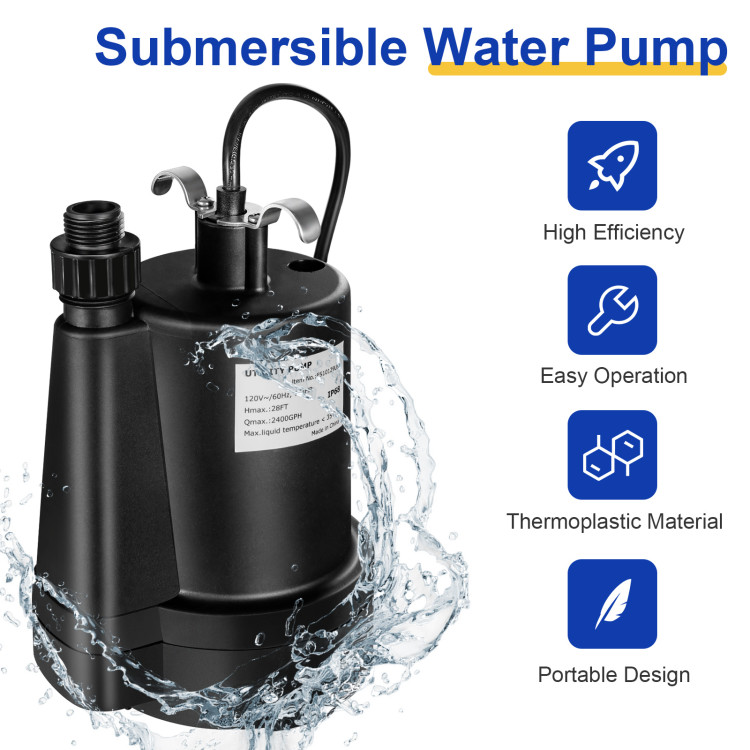 1/3HP 2400GPH Submersible Utility Pump Portable Electric Water Pump with 10 FT CordCostway Gallery View 5 of 11