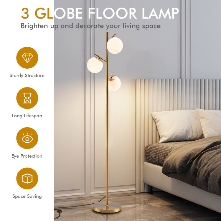 3-Globe Floor Lamp with Foot Switch and Bulb Bases-GoldenCostway Gallery View 3 of 12