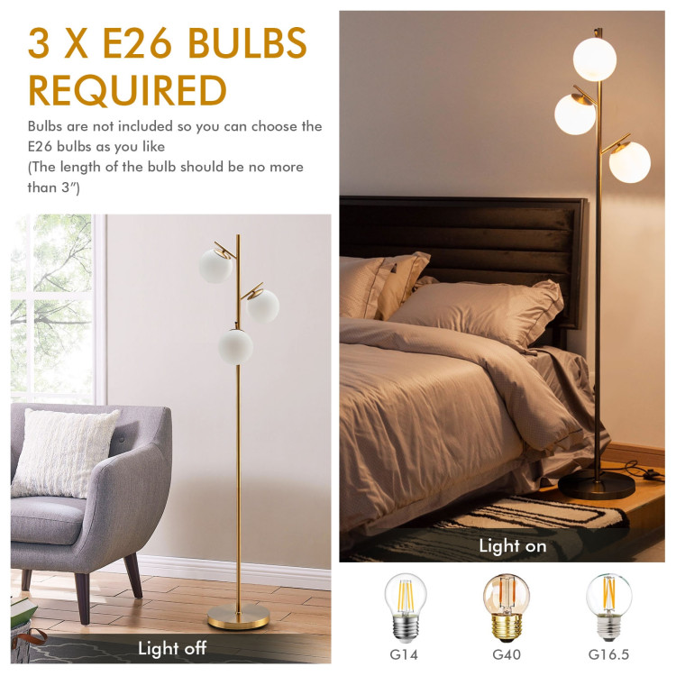 3-Globe Floor Lamp with Foot Switch and Bulb Bases-GoldenCostway Gallery View 10 of 12